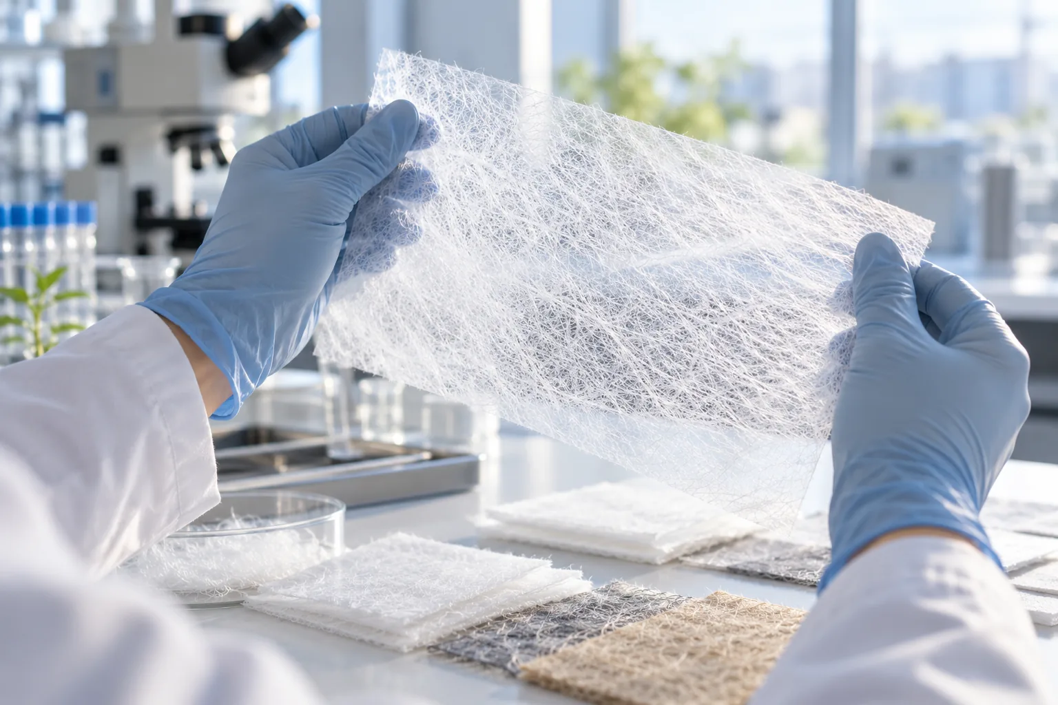 Gloved researchers examining the fine fiber structure of a nonwoven material sample