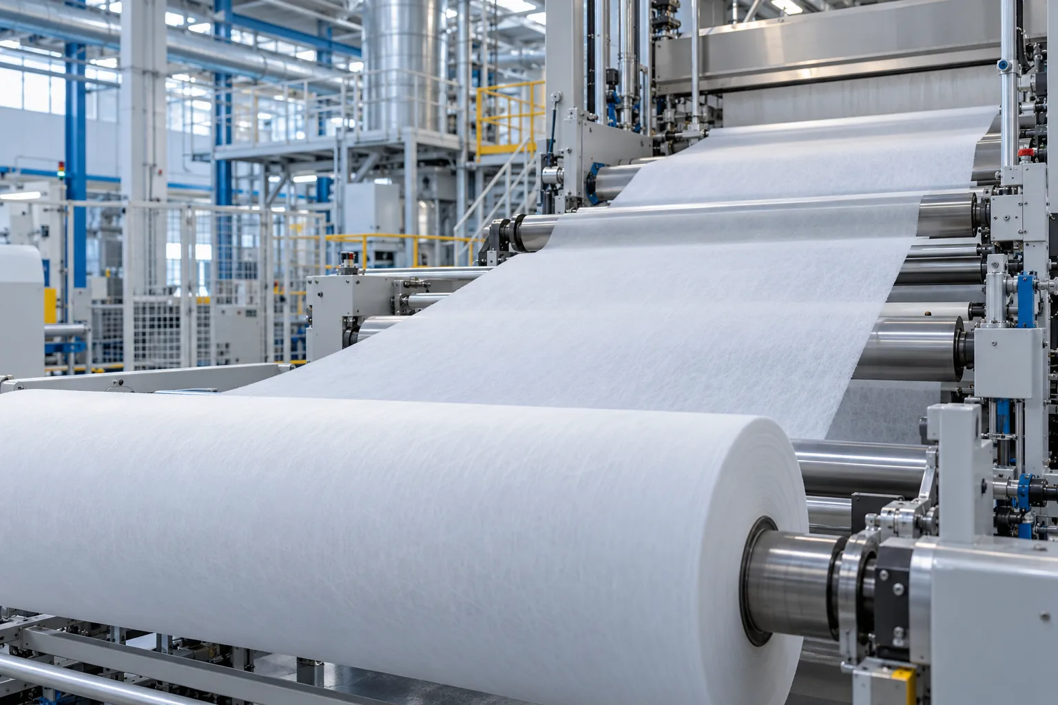 White nonwoven web moving through rollers on a modern production line